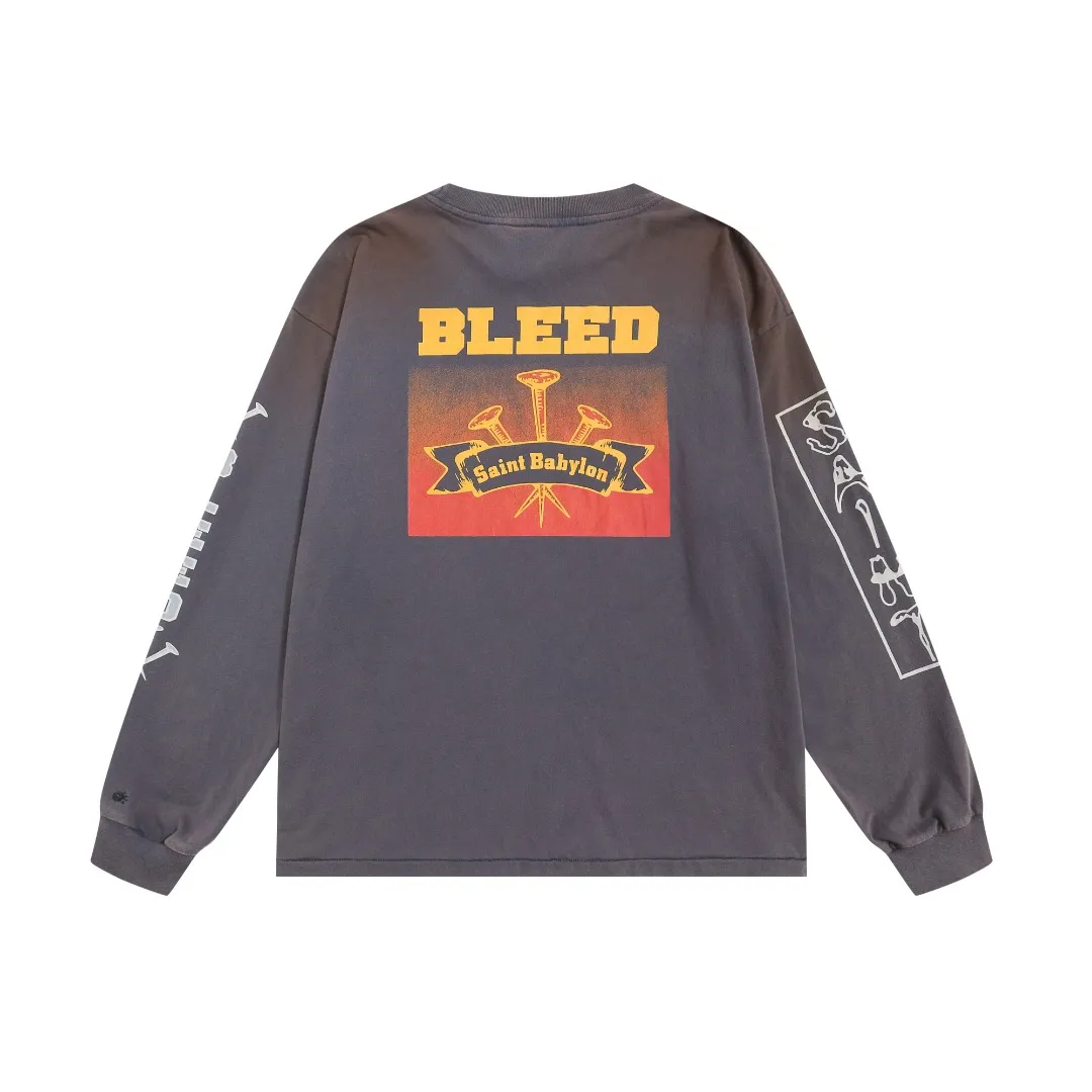 St. Michael's retro nail print co-signed letters washed and distressed casual loose round neck long-sleeved T-shirt on the street. Fabric: 260g Style number: SM660 Size: S-M-L-XL Color: washed blue Price: P156